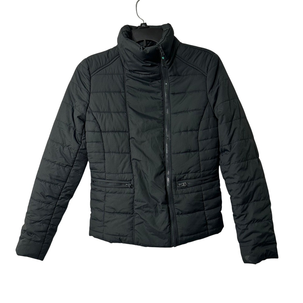 Aeropostale Puffer Jacket Womens Black Asymmetrical Zip Quilted Cinched Waist S